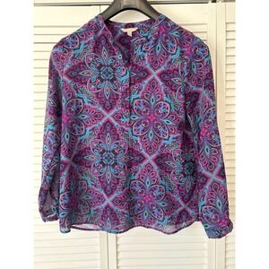 Banana Republic Blouse L Purple Blue Sheer Long Sleeve Geometric‎ Top